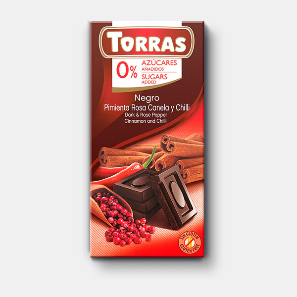 Čokolada tamna s chillijem, cimetom i maltitolom 75 g, Torras